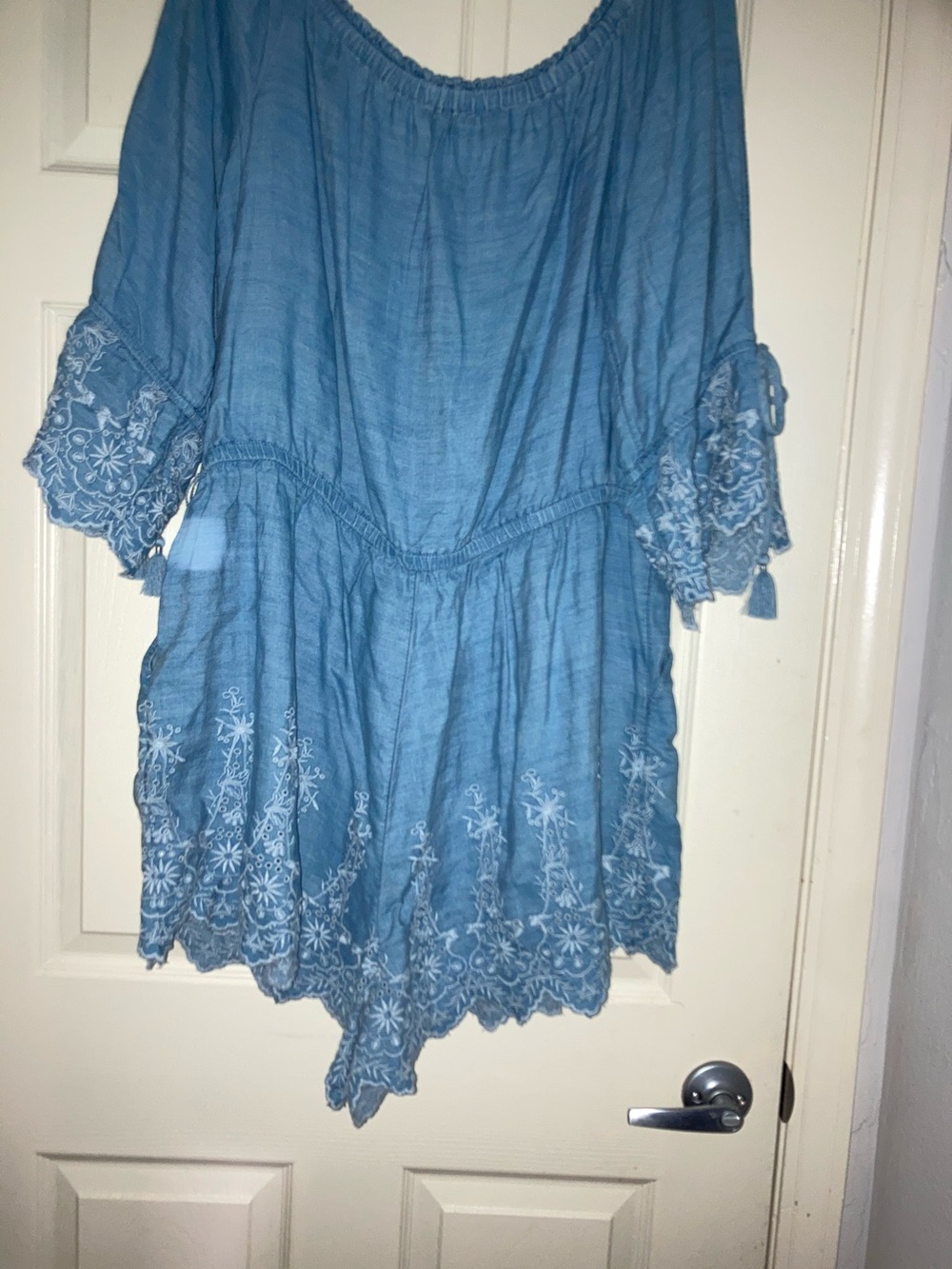 American Eagle Outfitters Light Blue Embroidered Cold-Shoulder Romper